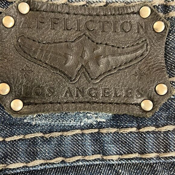 Affliction Cooper Relaxed Boot Jeans Sz 40 Blue Flap Pockets Contrast Stitch Y2K - Picture 5 of 11